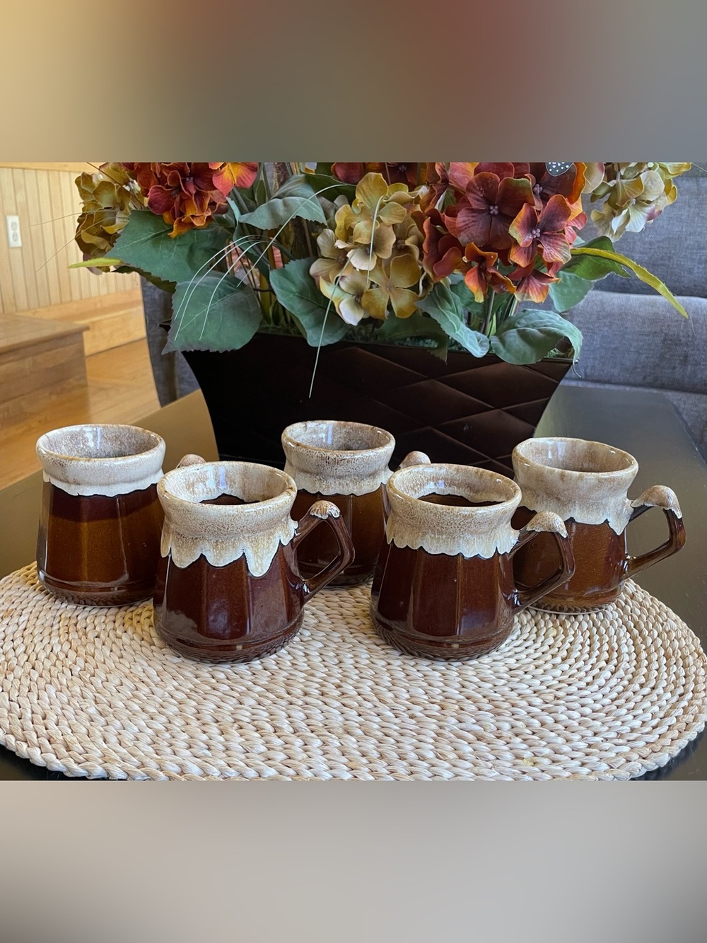Vintage Drip Glaze Mugs | 5pc MCM 70's Pottery